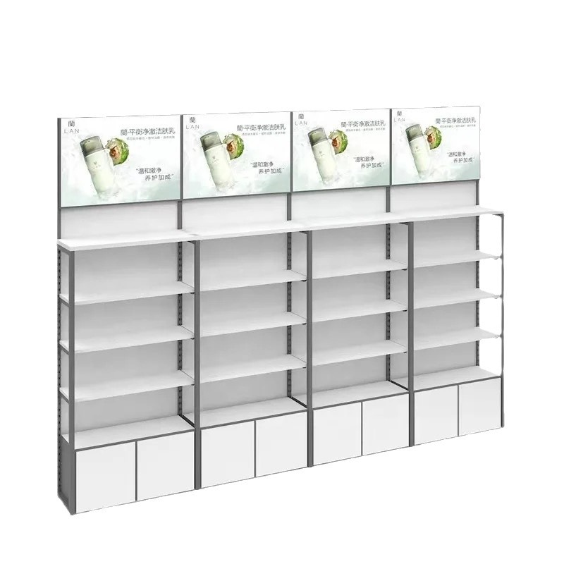 Estanterías de acero y madera para joyería, cosméticos, supermercados, centros comerciales, vitrinas de exhibición, armarios de almacenamiento comerciales multicapa personalizados para supermercados.