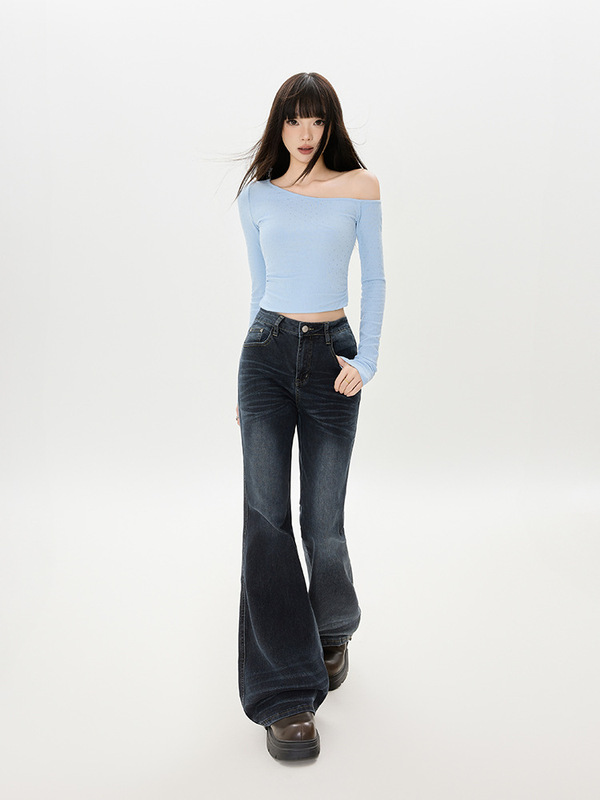 美式深蓝怀旧微喇牛仔裤女2025年秋季新款辣妹高腰显瘦弹力喇叭裤|undefined