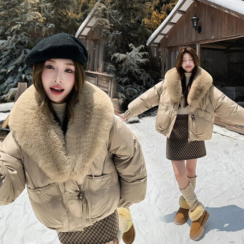 2025外贸大毛翻领韩版棉衣女时尚新短款冬季面包服加厚袄夹克外套