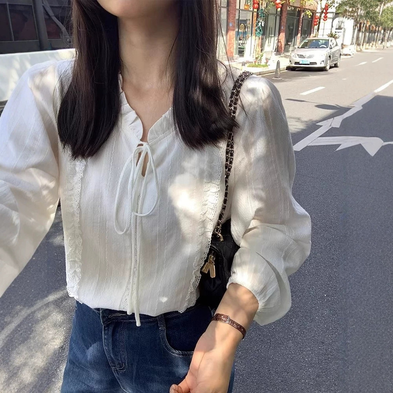 French-style white lace-up embroidered shirt for women, autumn chic and gentle style, unique and beautiful top