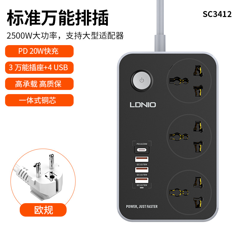 Regleta de alimentación LDNIO Amazon con enchufe triangular estándar de EE. UU., cable de extensión de carga rápida tipo C, enchufe USB múltiple.