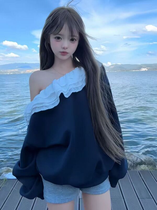韩系2025新款藏青色斜肩卫衣女秋季宽松拼接蕾丝花边长袖上衣ins|undefined