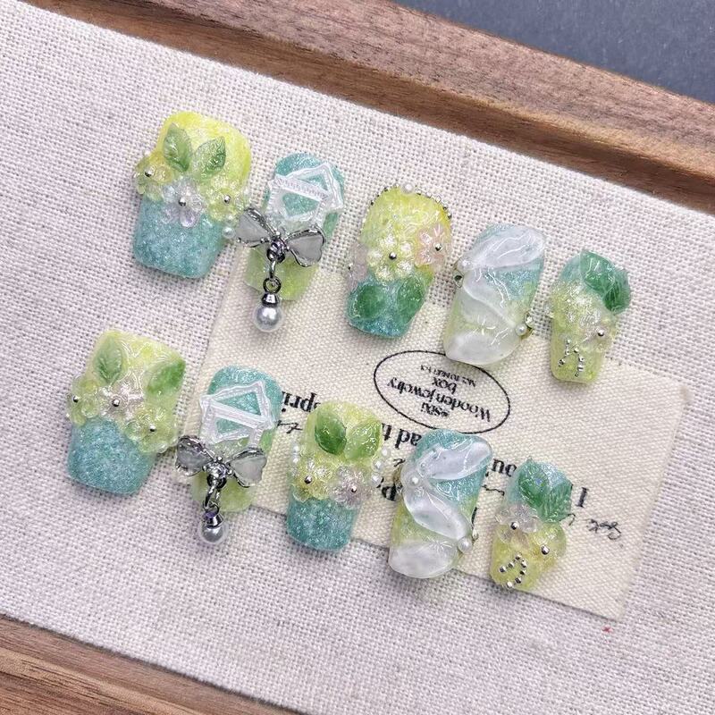 Green Gradient Fake Nails Tiktok Xiaohongshu Trending Handmade High-End Wholesale Pure Handmade Wearable Nails