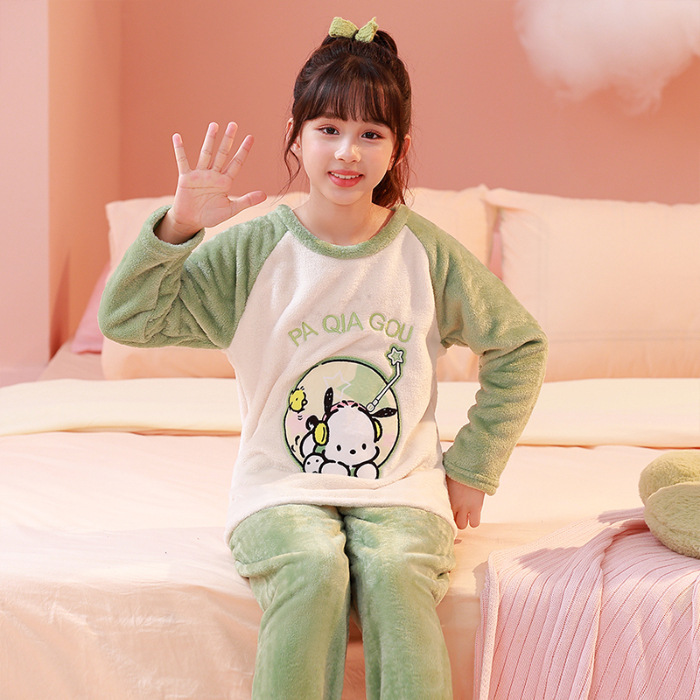 2025 invierno ropa infantil de franela dibujos animados cuello redondo pijamas de manga larga niñas chaqueta caliente set de ropa para el hogar supermercado