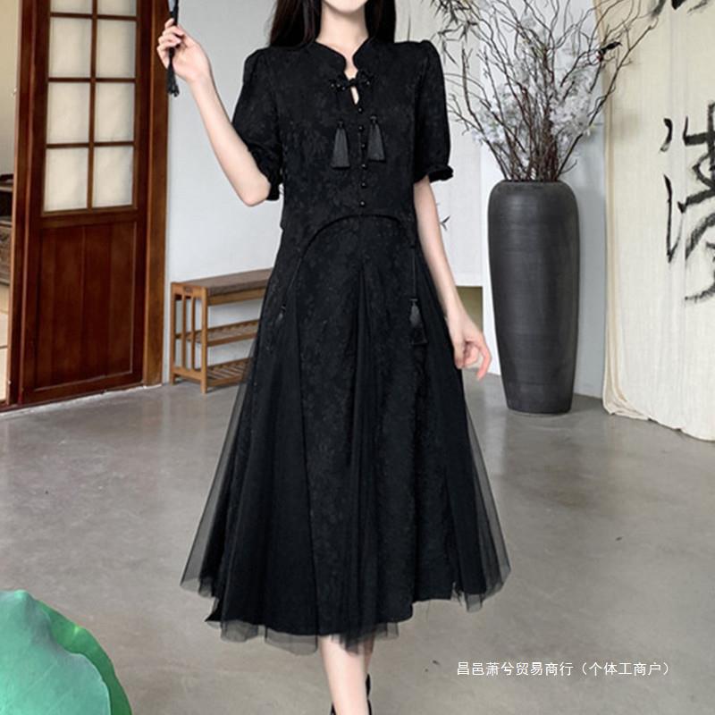 Plus Size National Style Design Tassel Mesh Splicing Dress Summer Fat Mm Improved Cheongsam Hepburn Style Little Black Dress