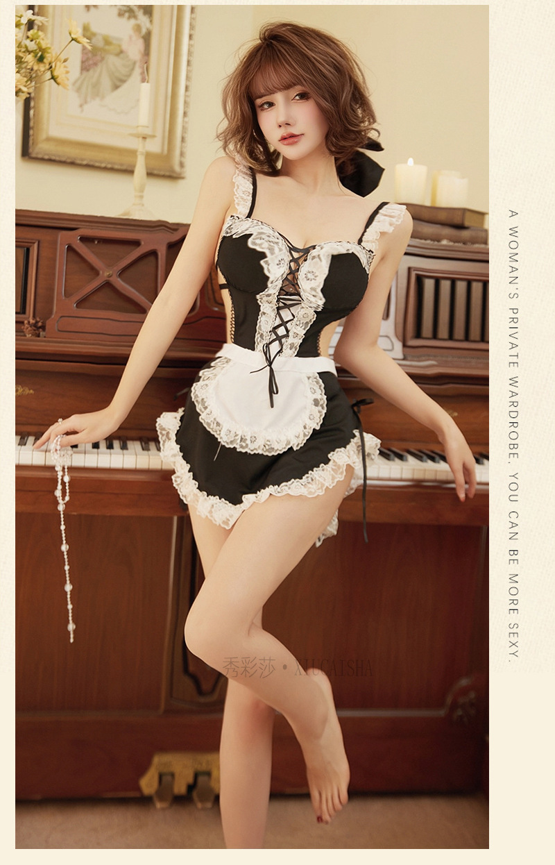 Maid Cosplay Lingerie Set with Lace Apron Dress and Thong, One Size — detail image 11