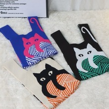 跨境外贸日本可爱猫咪针织手提包休闲百搭时尚潮流背心编织女包包
