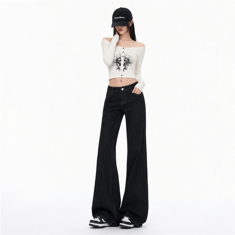Shi Lin black and gold non-leg-hugging flared jeans for women, colorfast, autumn slimming blue Shi Lin black and gold non-leg-hugging flared jeans for women, colorfast, autumn slimming blue