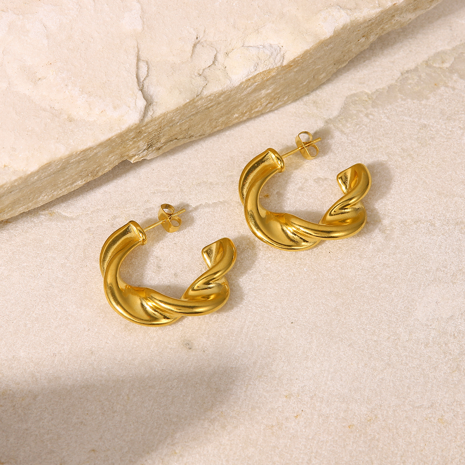 Fashion 18K Gold Plated Twisted CShaped Geometric Stainless Steel Twisted Hoop Earringspicture4