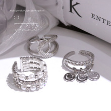 冷淡风微镶锆石珍珠白K女戒指个性潮简单开口可调节网红食指戒批