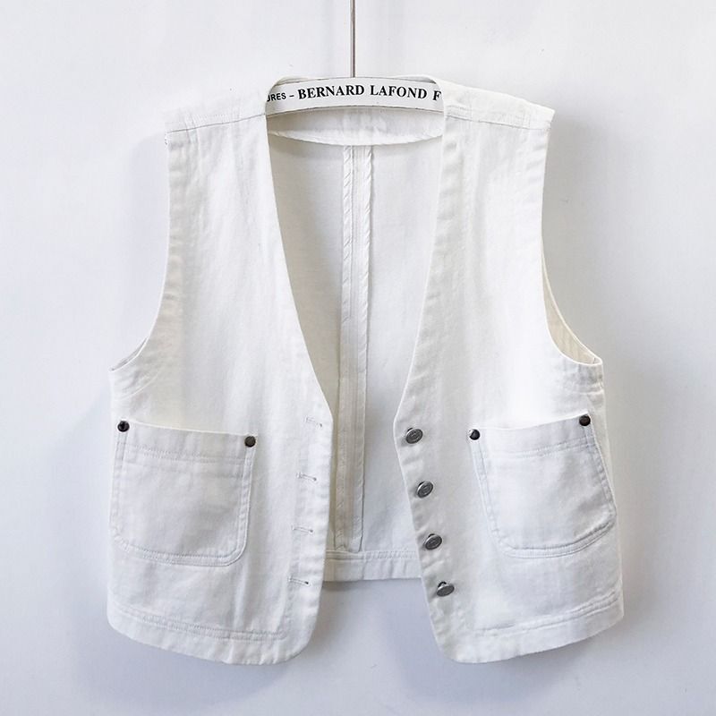 Simple White Casual Denim Vest Women's Short Collar Sleeveless Vest for Spring and Summer