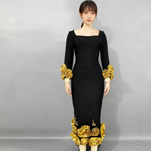 跨境欧美新款方领立体花朵修身包臀绷带连衣裙晚宴派对礼服圣诞节