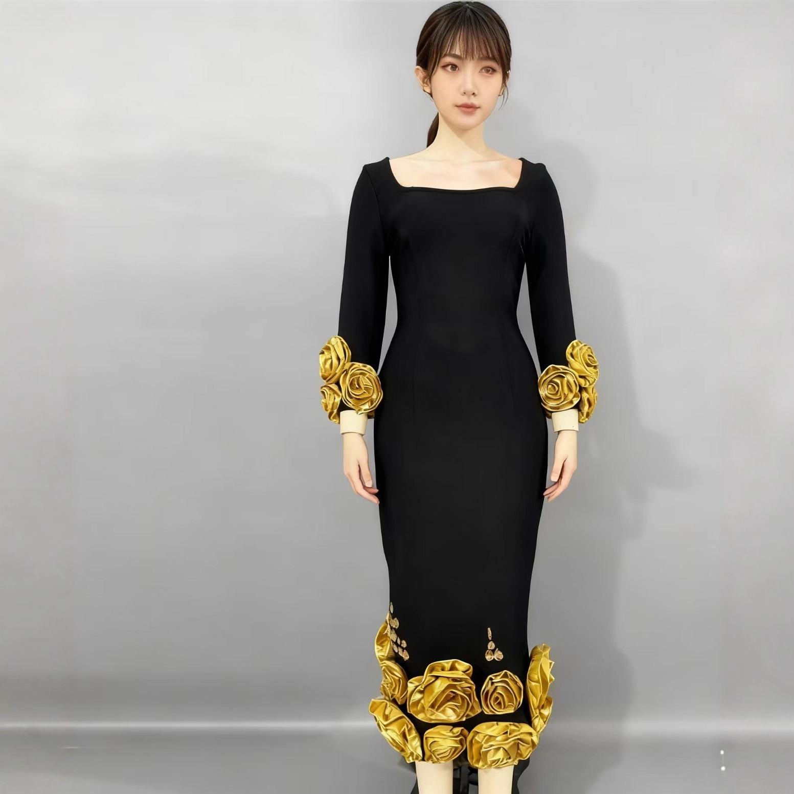 跨境欧美新款方领立体花朵修身包臀绷带连衣裙晚宴派对礼服圣诞节