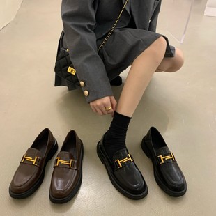 Internet celebrity thick-soled black British style leather shoes girls' shoes 2022 new spring and autumn French loafers single-layer shoes