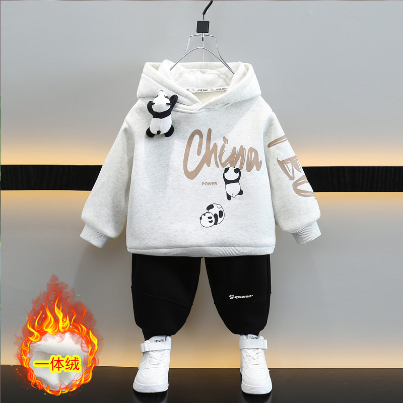 6749 Traje de suéter con capucha para niños 2025 nueva ropa de primavera y otoño para niños otoño e invierno más terciopelo bebé hermoso traje de dos piezas