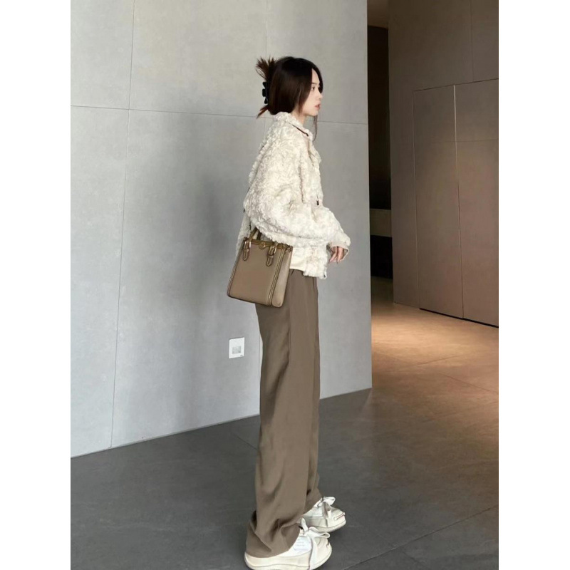 美式复古穿搭女装秋冬加厚新款短款刺绣外套夹克阔腿裤两件套装潮|undefined