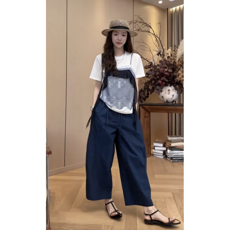 Xiao Jingjing's Sweet and Cool Style Versatile Summer Chic Patchwork Faux Two-Piece Top and Casual Pants Two-Piece Set for Women Xiao Jingjing's Sweet and Cool Style Versatile Summer Chic Patchwork Faux Two-Piece Top and Casual Pants Two-Piece Set for Women