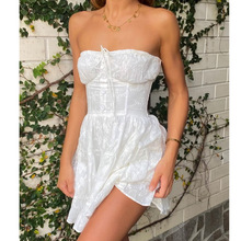 XDS跨境女装2023欧美风春女装新款派对礼服白色裹胸蕾丝连衣裙