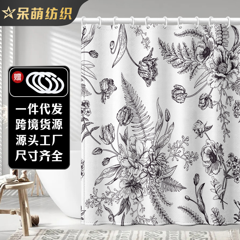 French minimalist pattern thick polyester waterproof shower curtain bathroom anti-mold door curtain shower non-stick direct cross-border supply