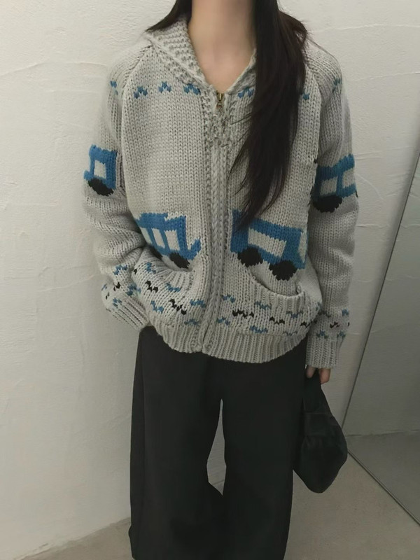 复古翻领重工提花粗针毛衣女2025秋冬新款韩系宽松慵懒针织外套厚|undefined