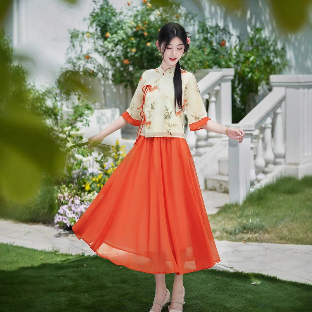 Новый летний китайский костюм Тан с ретро-принтом, улучшенный элемент Ханьфу, топ-чонсам, чайный костюм в китайском стиле, комплект из двух предметов