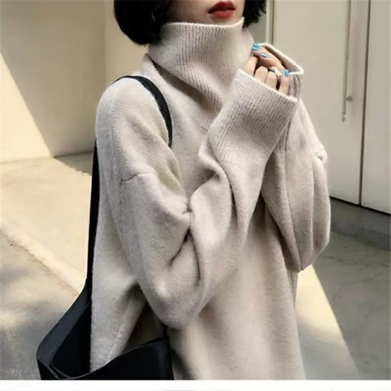 2024秋冬新款纯色高领短款套头毛衣女简约宽松韩版针织打底衫女装