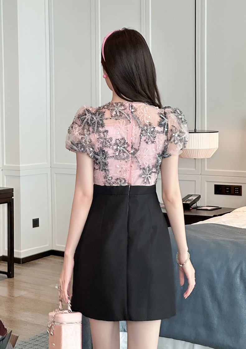 Đầm sequin thiết kế eo giả hai mảnh kiểu Pháp — Màu hồng đen chi tiết 10