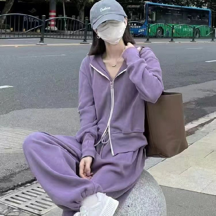盐系休闲运动服套装女春秋港风复古宽松显瘦连帽卫衣时尚两件套女|undefined