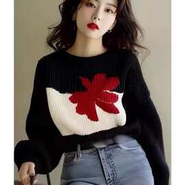 花粗线毛衣女冬季穿搭感宽松软糯针织衫复古风上衣