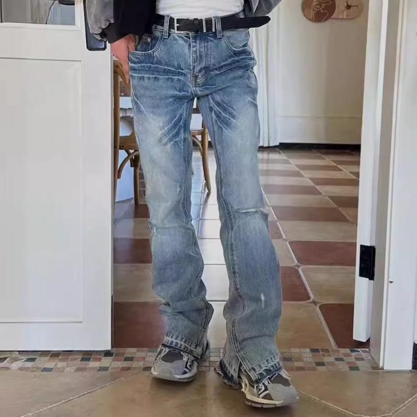 Men's Clothing high street fashion brand Parisian style slightly flared pants RO style lightning pattern washed split jeans overalls_voghion.com