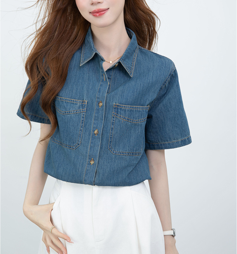 Áo sơ mi denim nữ tay dài phong cách retro rộng rãi — xanh lam chi tiết 5