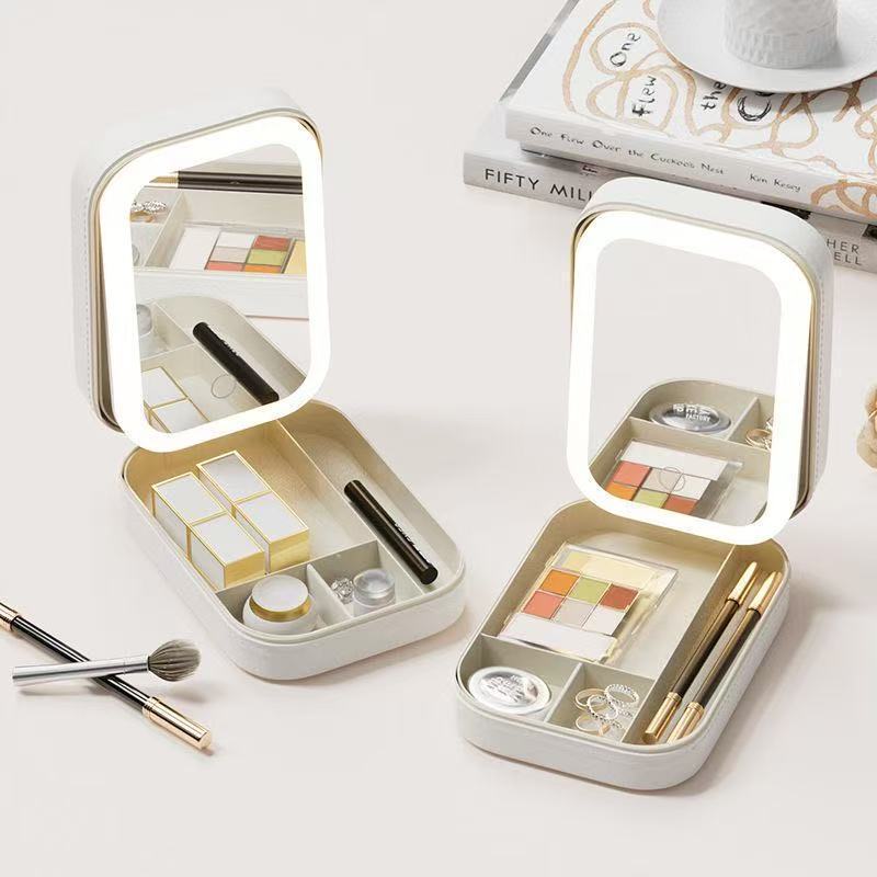 Estuche de Maquillaje con Luz LED de Cuero PU, Gran Capacidad y Antipolvo, para Tocador y Hogar