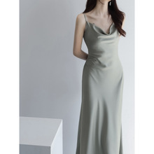 法国外单尾单剪标气质名媛打底冰丝长裙女醋酸缎面吊带连衣裙