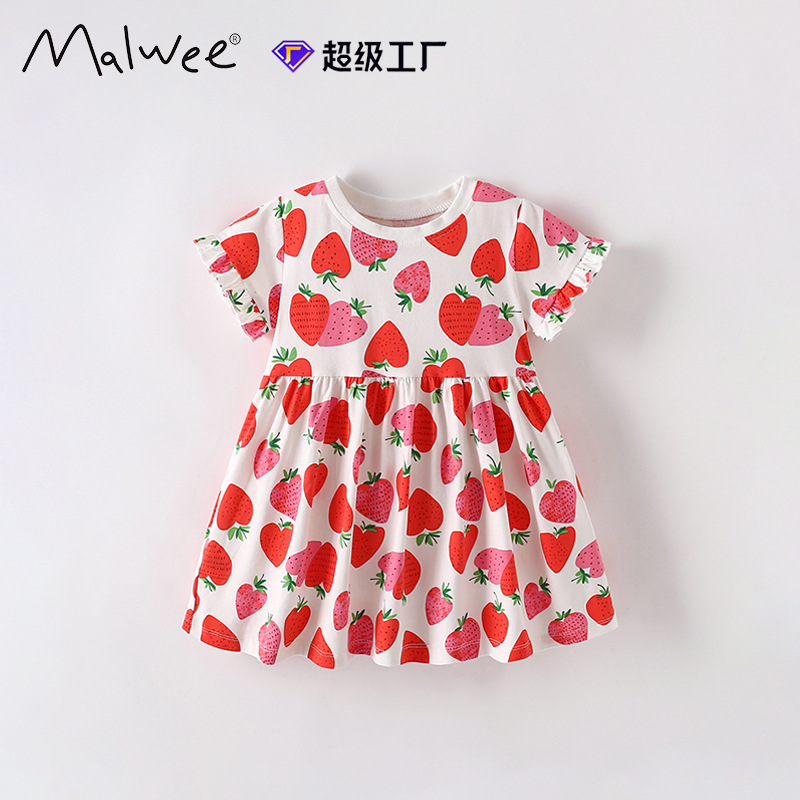 Vestido de niña malwee verano nuevo estilo europeo y americano niños pequeños y medianos cuello redondo manga corta princesa vestido de niños estilo occidental