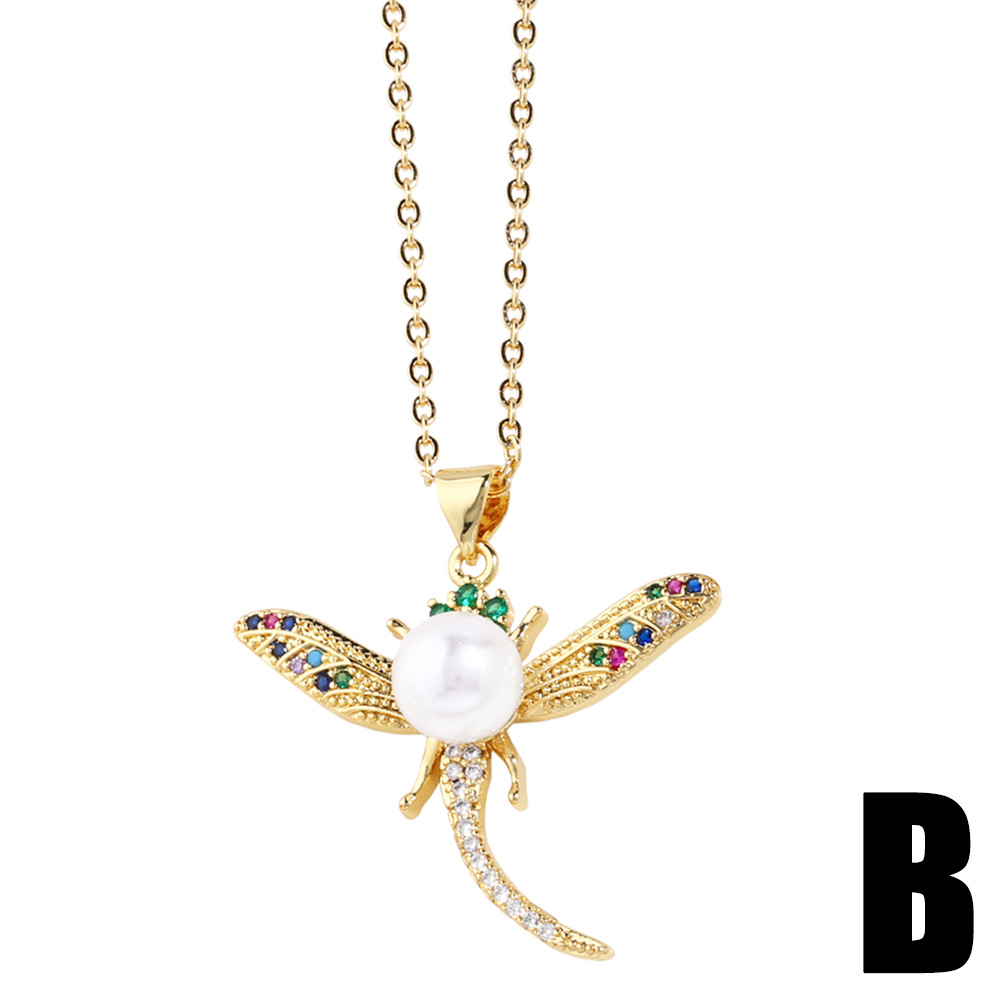 Fashion Dragonfly Copper Plating Artificial Pearls Zircon Pendant Necklace 1 Piece