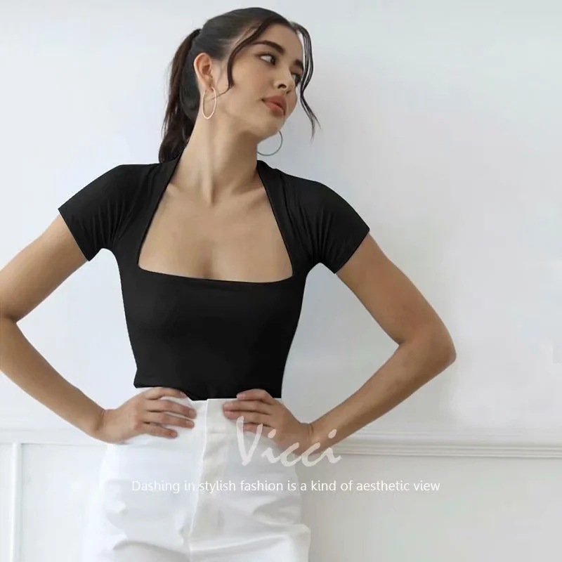 elastic square collar short sleeve T-shirt NSAC50846
