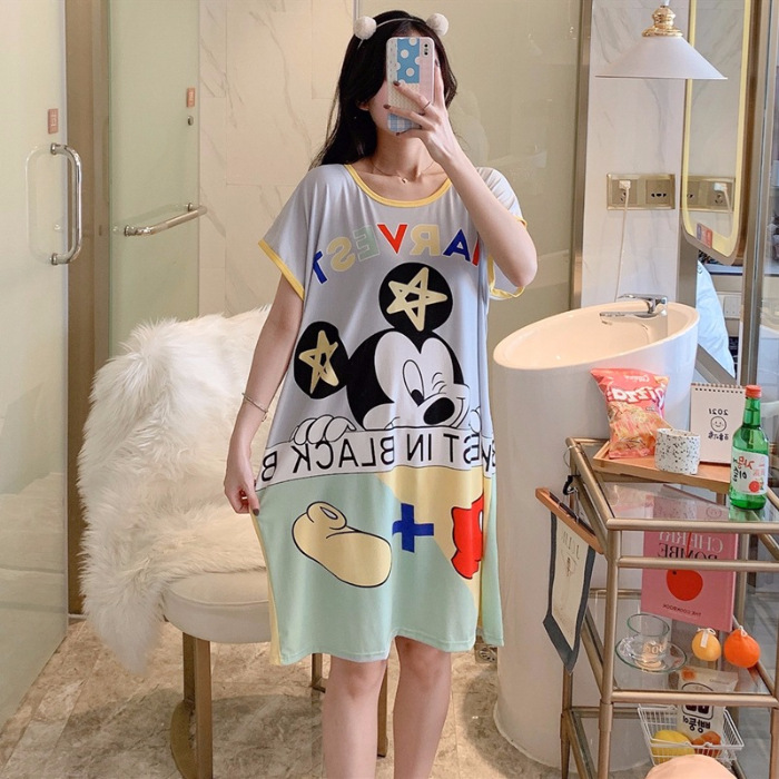 Camisón de manga corta de verano de dibujos animados dulce falda cultural delgada suelta más pijamas de tamaño vestido de mujer ropa para el hogar Comercio exterior