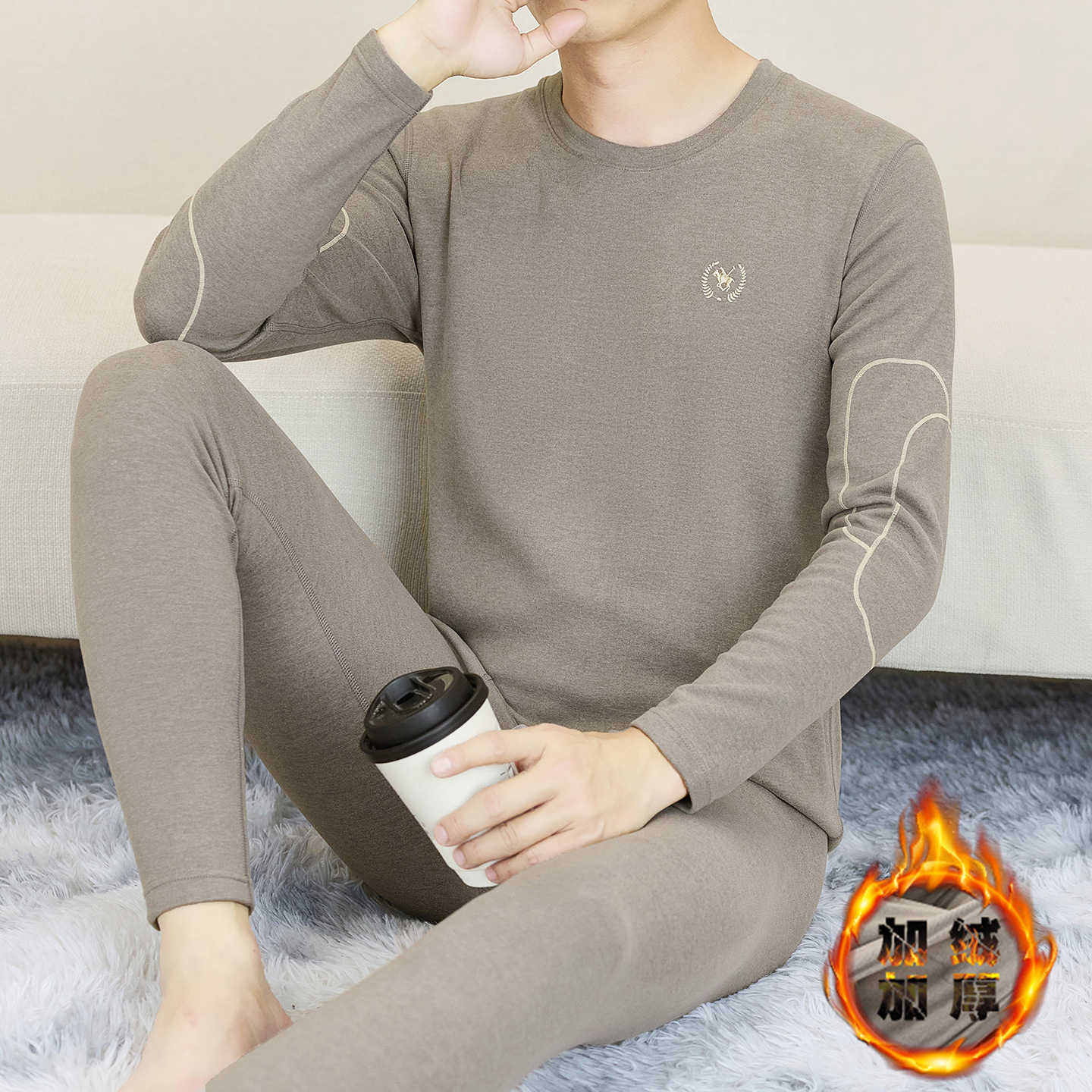 保暖内衣套装2025冬季新款秋衣秋裤男拼接骑士马刺绣加绒刺绣男潮