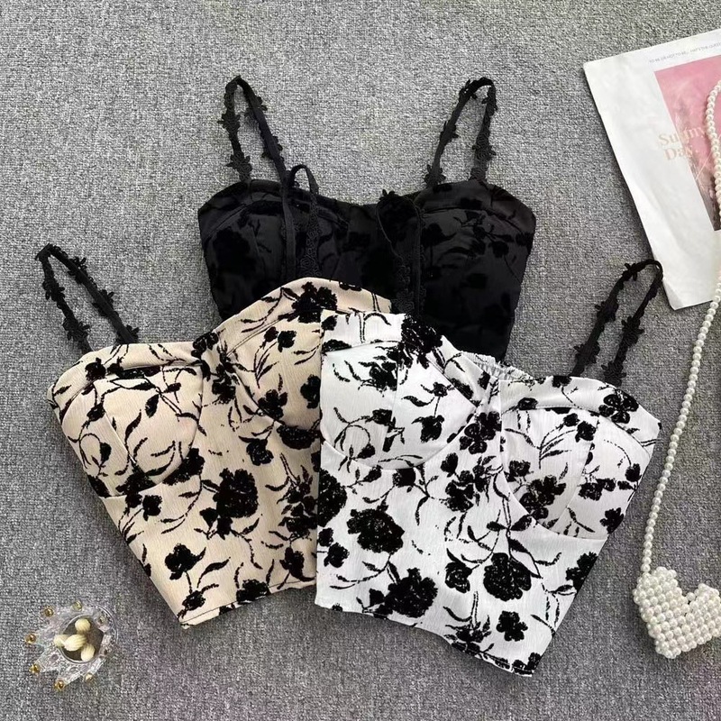 French Design Rose Floral Short Camisole Retro Inner Wear Outer Wear Beautiful Back Niche Hot Girl Top French Design Rose Floral Short Camisole Retro Inner Wear Outer Wear Beautiful Back Niche Hot Girl Top