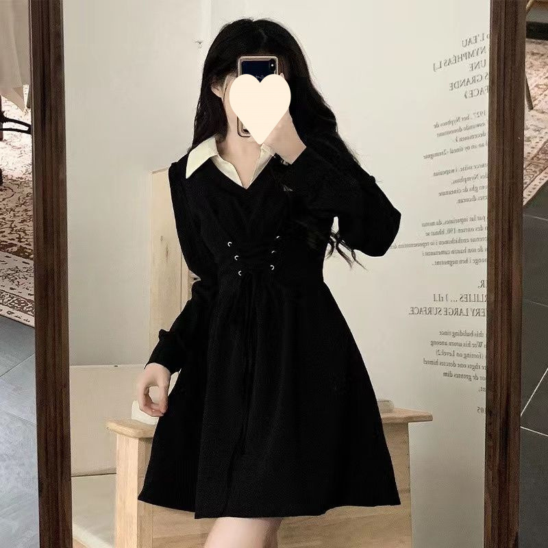 Sweet and Cool Little Black Dress for Women Plus Size Autum New Style Strappy Waist Slimming Look Polo Collar Fake Two-Piece Dress Sweet and Cool Little Black Dress for Women Plus Size Autum New Style Strappy Waist Slimming Look Polo Collar Fake Two-Piece Dress