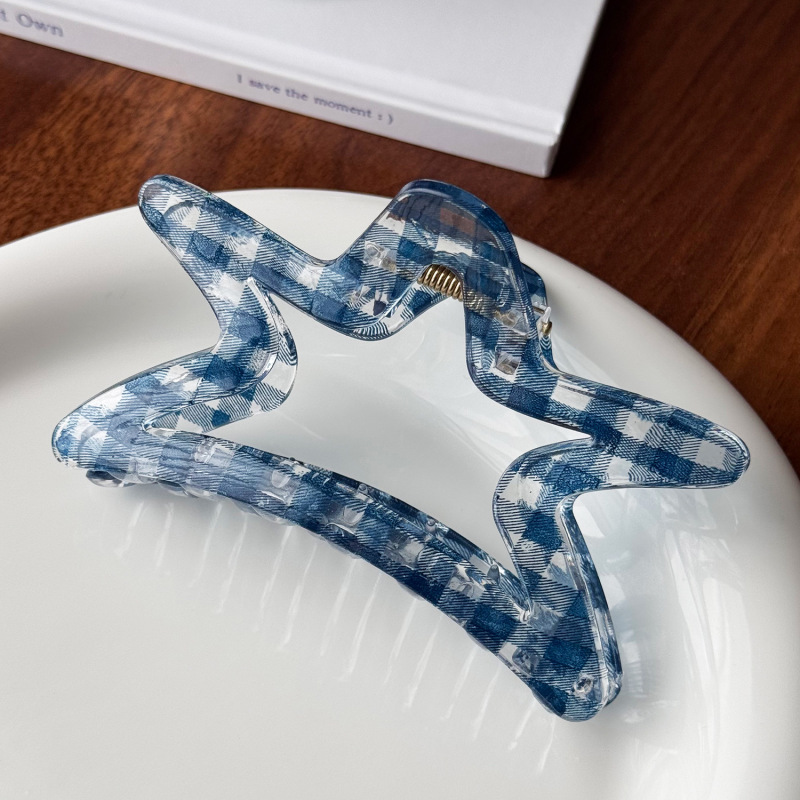 韩版氛围感透明蓝黑格子抓夹仿醋酸大号发夹后脑勺盘发鲨鱼夹发饰|undefined