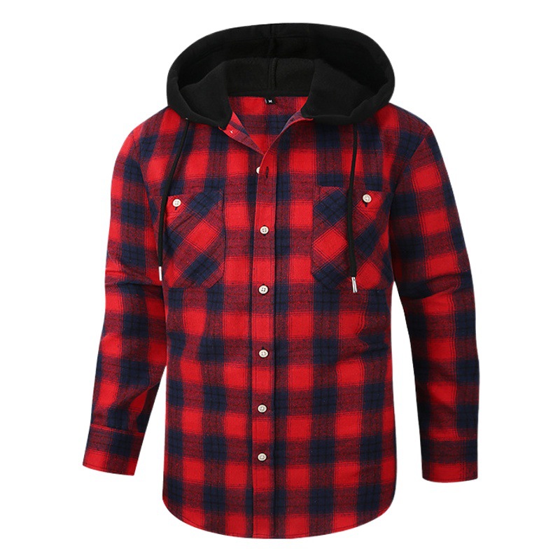 2024 primavera nuevo Amazon popular suelta casual franela camisa a cuadros de manga larga con capucha los hombres alto sentido
