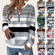 跨境欧美女装秋冬新款长袖圆领黑白条纹上衣大码休闲半拉链卫衣