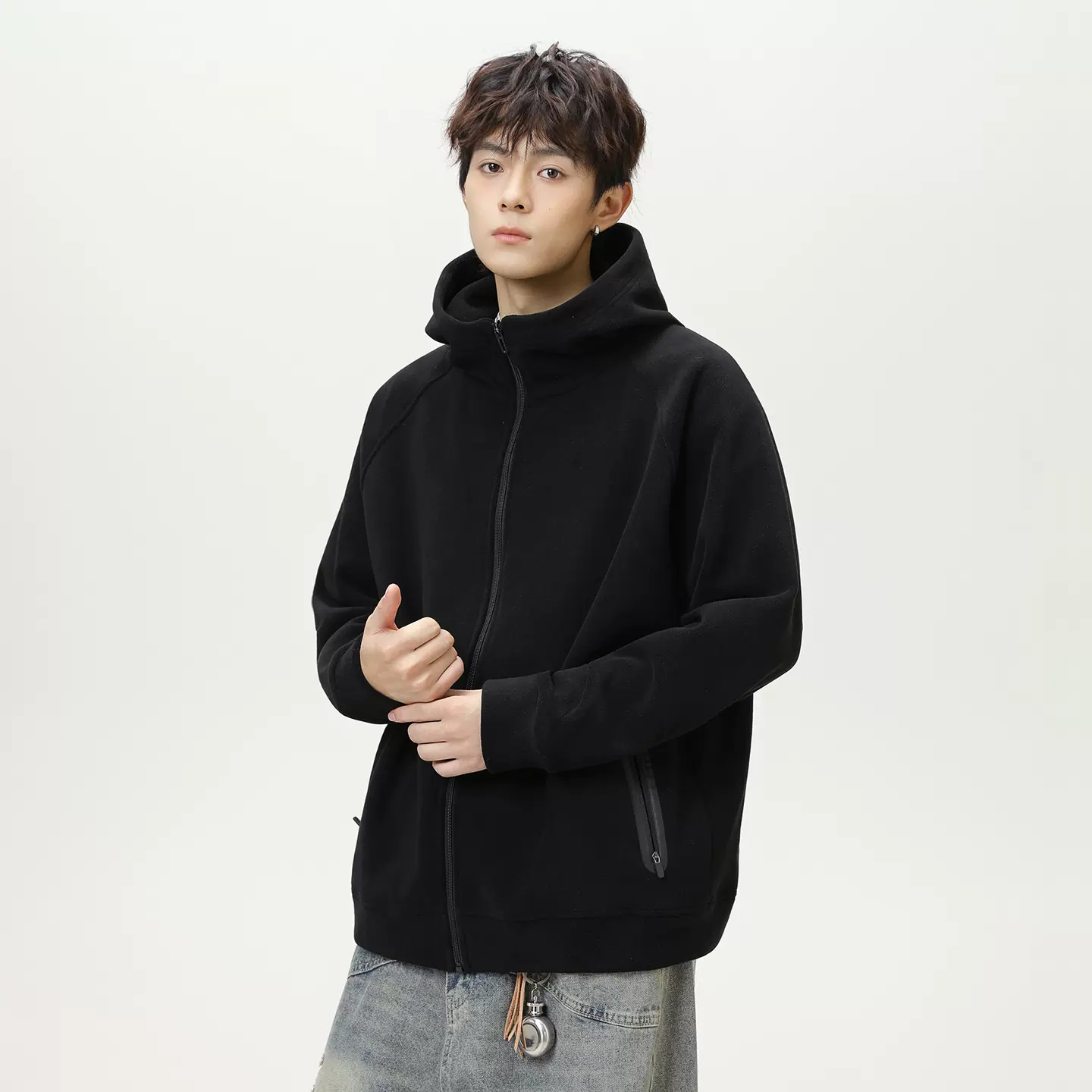 开衫拉链连帽夹克男秋冬质感宽松卫衣双面绒加厚保暖运动帽衫外套