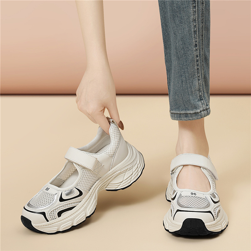 Qadın üçün mesh Mary Jane ayaqqabı, qalın altlıqlı, velcro bağlamalı