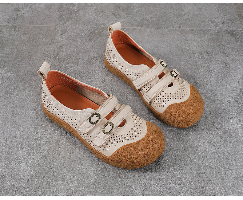 Sandal nữ da bò thật phong cách cổ điển, đế bệt, mũi kín, thiết kế thoáng khí họa tiết rỗ — màu nâu chi tiết 13