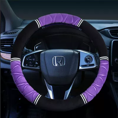 Car Steering Wheel Cover Plush: Steering wheel cover - 3d-embossed-six-pieces-black-and-purple-38cm-steering-wheel-cover