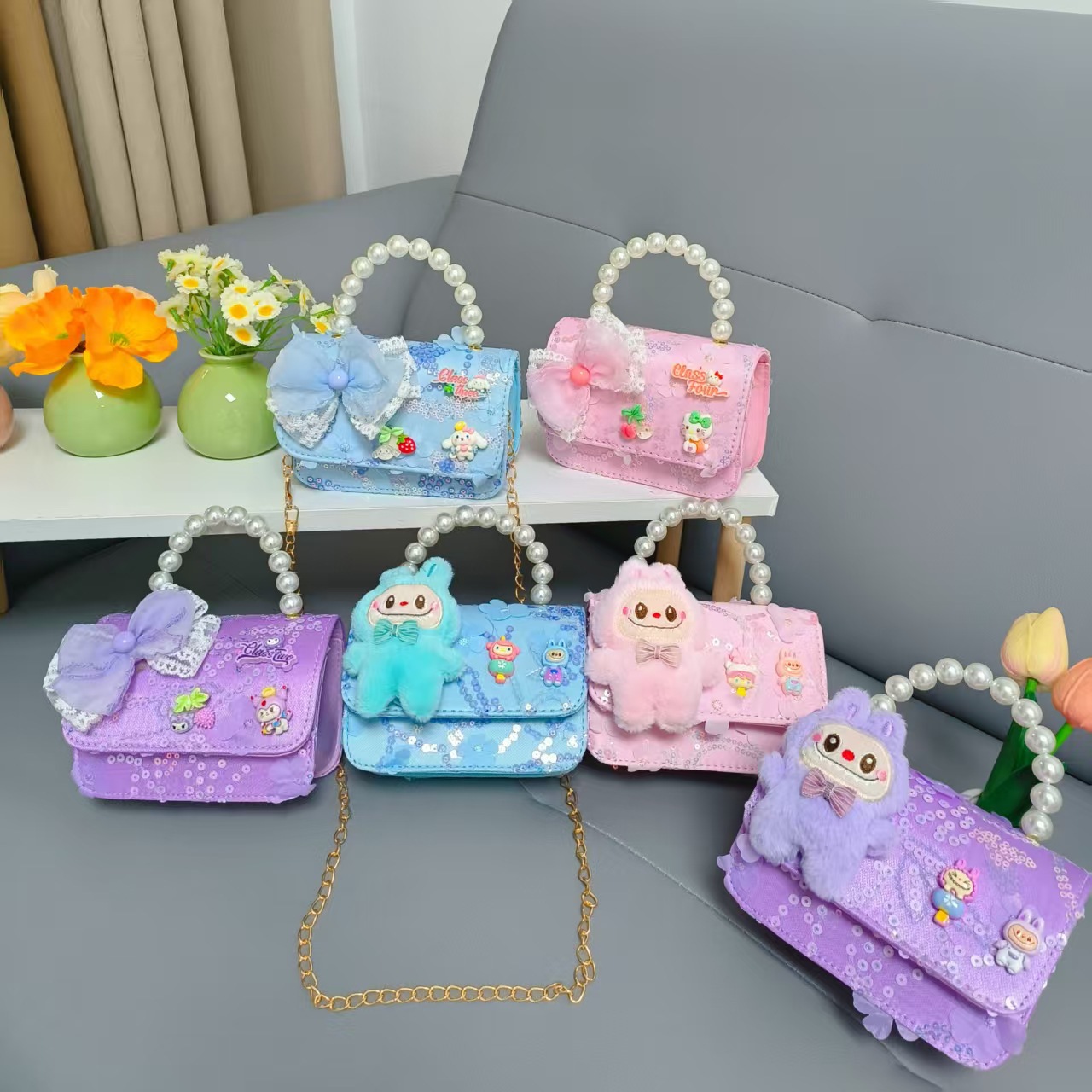 Niños perlas bolsos portátiles de princesa pequeña fragancia viento mochila de Año Nuevo niñas bolsos de arco de cadena bolsos cuadrados