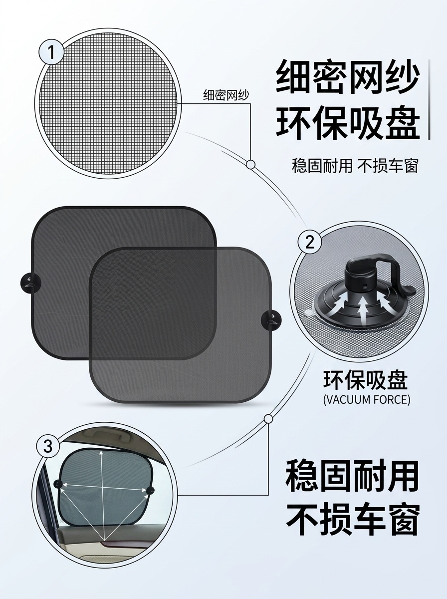 Suction cup-style car window sunshade, mesh curtain for side windows, sun protection and heat insulation, front windshield car sunshade