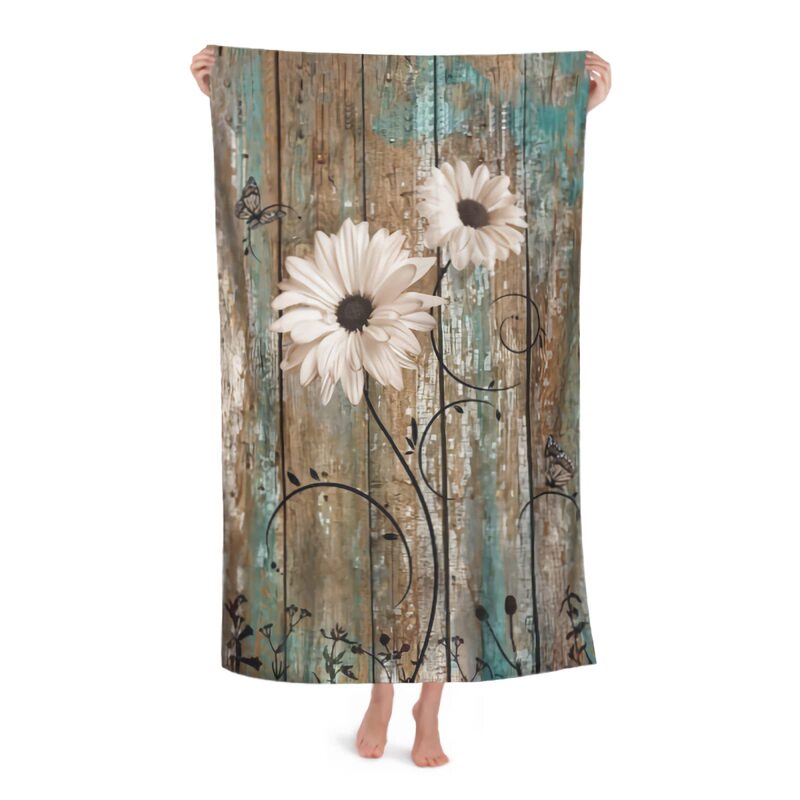 Country Style Daisy Flower Beach Towel Vintage Wood Board Microfiber Quick-drying Bath Towel Sand-proof Compact Beach Towel